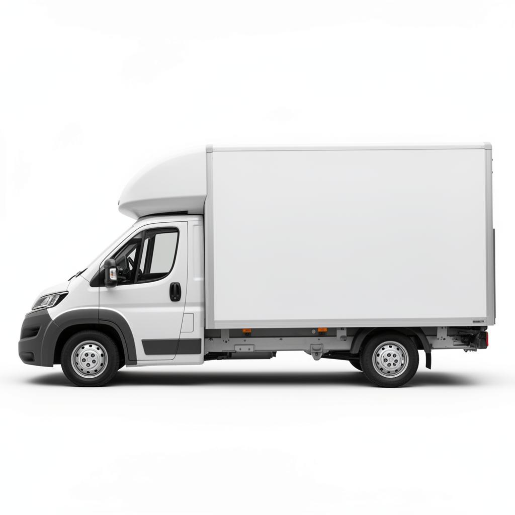 White Luton box van with overcab pod side profile