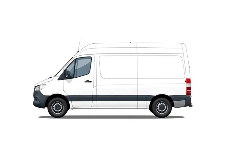 Medium wheelbase white Sprinter-style van side profile